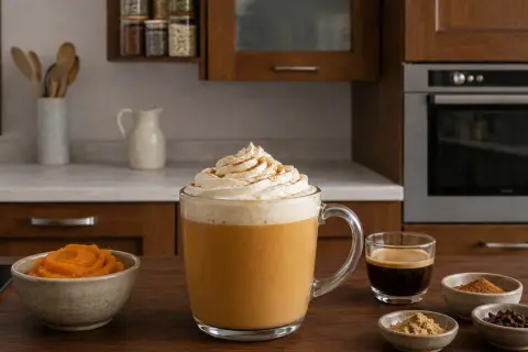 Un delizioso pumpkin spice latte Starbucks, con panna montata e cannella. Ingredienti per la ricetta in ciotoline: purea di zucca, caffè, cannella, zenzero e chiodi di garofano.