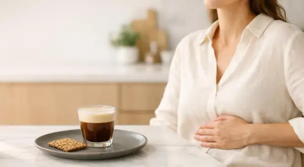Donna incinta con un caffè. La differenza tra caffellatte e latte macchiato è un dettaglio per gustare la colazione.