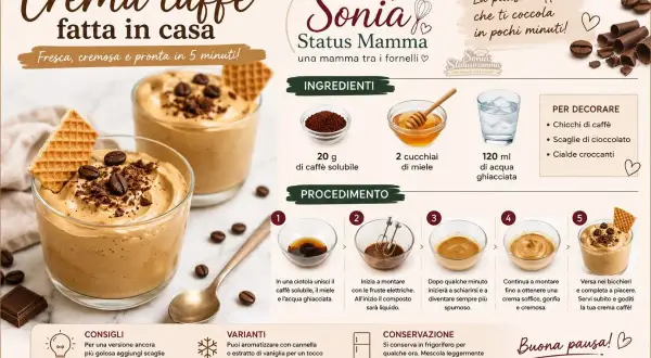 Crema caffè fatta in casa, fresca e cremosa in 5 minuti. Ricetta veloce con caffè solubile, miele e acqua ghiacciata. Perfetta per una pausa golosa.