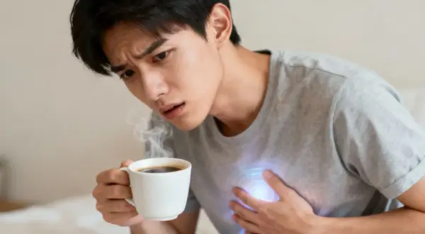 Giovane uomo con tazza di caffè fumante, preoccupato per i sintomi di intolleranza al caffè, con un'aura luminosa sul petto.
