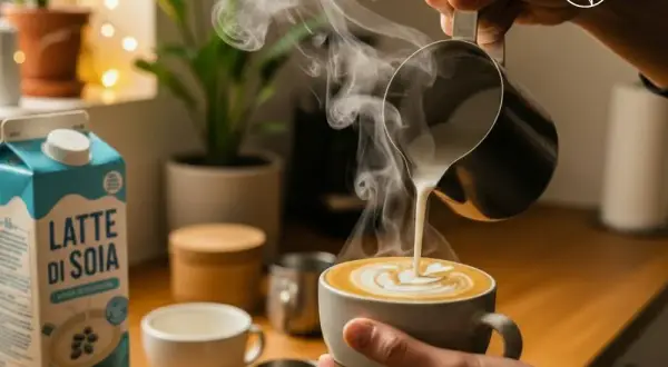 Un barista prepara un cappuccino con latte di soia, versando la schiuma in una tazza con un disegno a cuore.