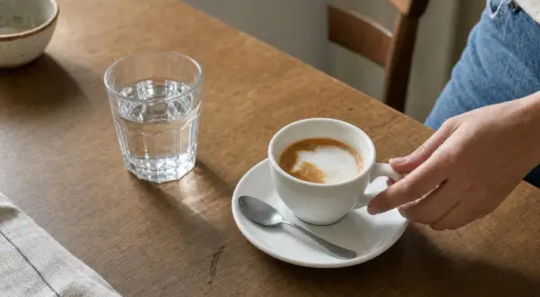 Una mano afferra una tazza di cappuccino su un tavolo di legno. Ti chiedi quante calorie ha un cappuccino?