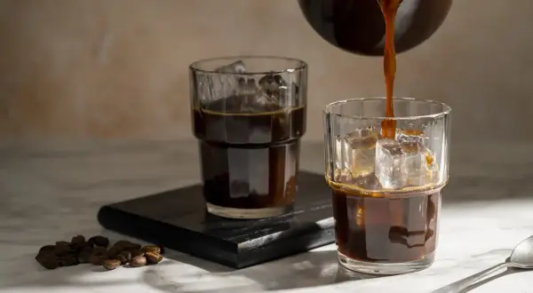 Versando caffè freddi in bicchieri con ghiaccio. Chicchi di caffè tostati e un cucchiaino completano la scena.