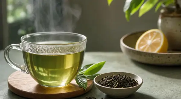 Tazza di tè verde fumante, con foglie e limone. Un aiuto naturale per il colesterolo.