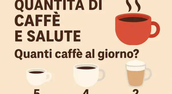 Quantità di caffè e salute: quanti mg di caffeina al giorno? Immagine mostra tazze di caffè con numeri 5, 4, 2.
