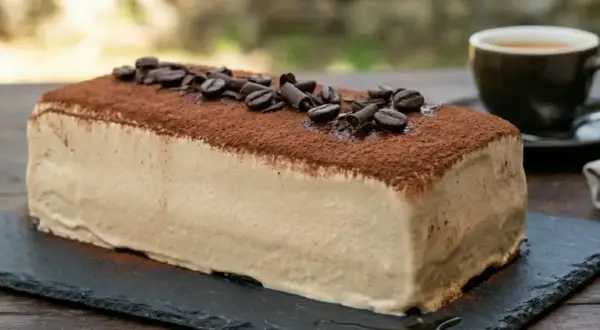 La mattonella della nonna al caffè, ricoperta di cacao e chicchi di caffè, pronta per essere gustata con un espresso.