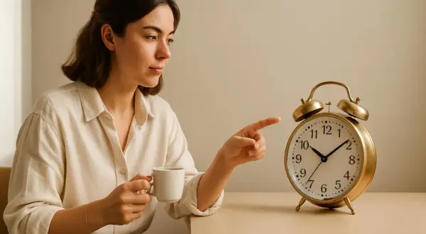 Donna con tazza di caffè indica una sveglia, pensando ai benefici del caffè per iniziare la giornata con energia.