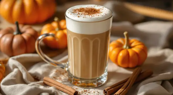Un bicchiere di **pumpkin latte** cremoso, spolverato di cannella, circondato da piccole zucche arancioni e bastoncini di cannella.