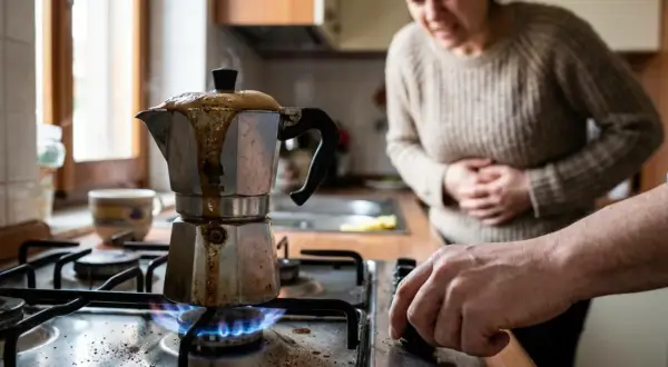 Una donna con mal di stomaco guarda una moka sul fuoco, il caffè è traboccato, un vero caffè bruciato.