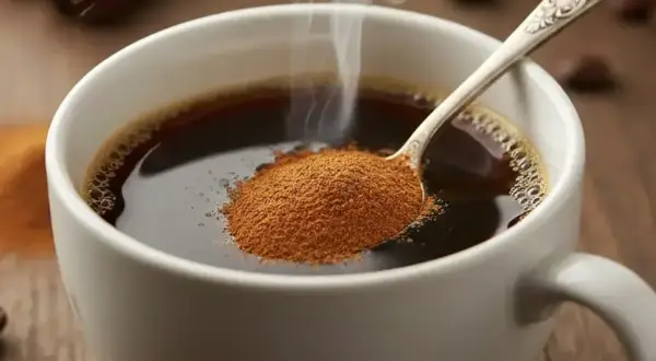 Cucchiaio con cannella in polvere sopra una tazza di caffè fumante. Scopri le cannella proprietà per un risveglio aromatico.