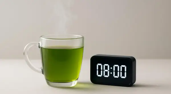 Un bicchiere di tè verde fumante, perfetto per iniziare la giornata alle 8:00.