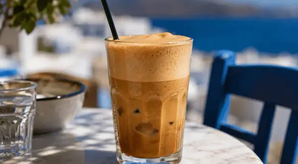 Un bicchiere di cafe frappe freddo con schiuma densa, ghiaccio e una cannuccia nera, su un tavolo di marmo con sfondo sfocato di mare e case bianche.