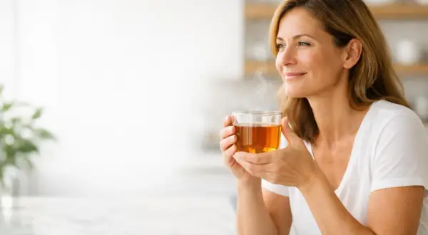 Donna sorride mentre beve una tazza di tè nero caldo, un alleato per chi vuole che il tè nero fa dimagrire.