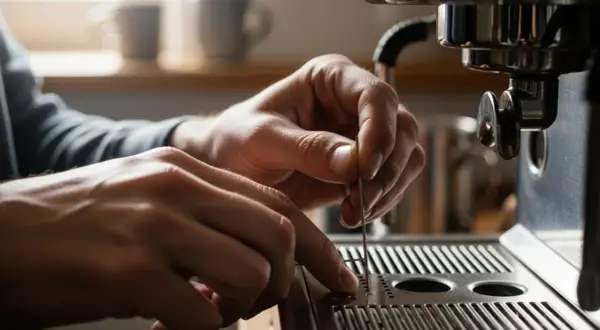 Mani che cercano di sbloccare la macchina del caffè con uno strumento sottile.