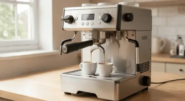 Macchina da caffè in acciaio inox che eroga due espresso in tazzine bianche. Perfetta per evitare che il caffè scenda troppo veloce.