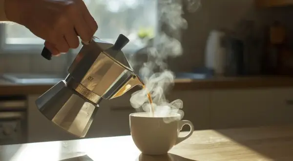 La moka versa caffè fumante in una tazza. Ecco come si prepara il caffè per iniziare la giornata.