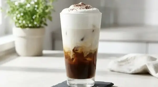 Un bicchiere alto con caffè freddo, latte e schiuma, cosparso di cacao. Ecco come si fa il caffè macchiato perfetto per l'estate.