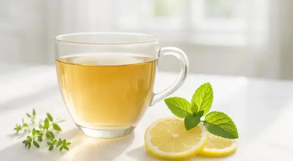 Tazza di tisana drenante con limone e menta. Informarsi sulle tisana drenante controindicazioni prima dell'uso.