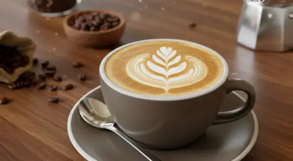 Un flat white cos'è? Un caffè cremoso con latte art, servito in una tazza grigia, con chicchi di caffè sparsi e una moka sullo sfondo.