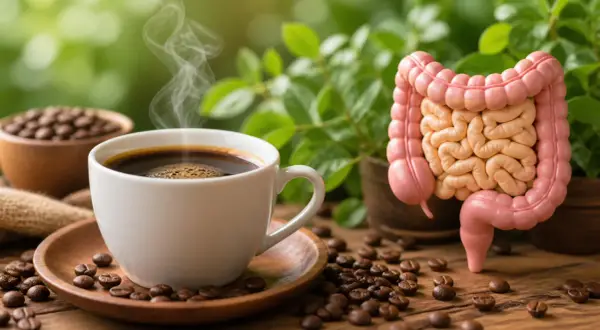 Tazza di caffè fumante accanto a un modello di intestino. Il caffè stringe, ma la natura intorno è rigogliosa.