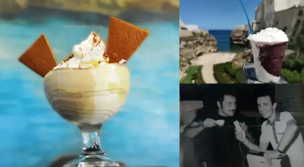 Un delizioso caffè speciale ricetta, con panna e biscotti, accanto a un panorama marino e una foto d'epoca.