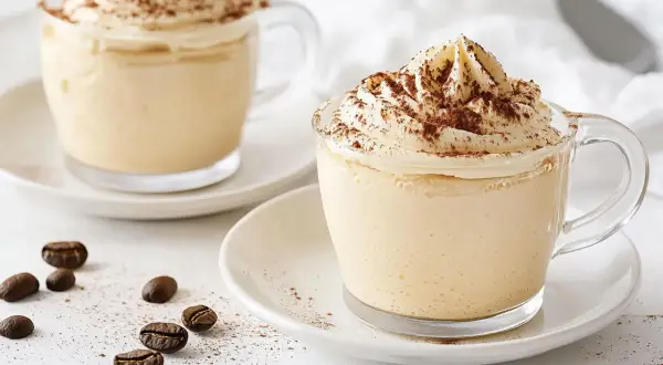 Due cappuccini con panna e cacao, un'idea per come fare il cuore nel cappuccino. Chicchi di caffè sparsi.