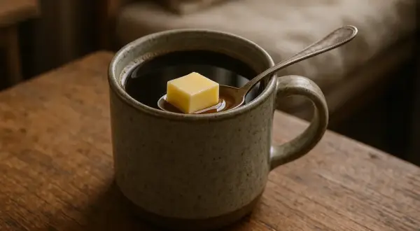 Un cubetto di burro galleggia su un cucchiaino immerso in una tazza di caffè caldo, su un tavolo di legno.