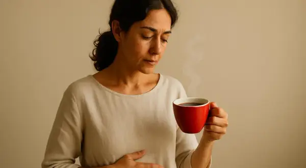Donna con mano sullo stomaco tiene una tazza di caffè fumante. Il caffè a stomaco vuoto fa male, e lei sembra sentirlo.