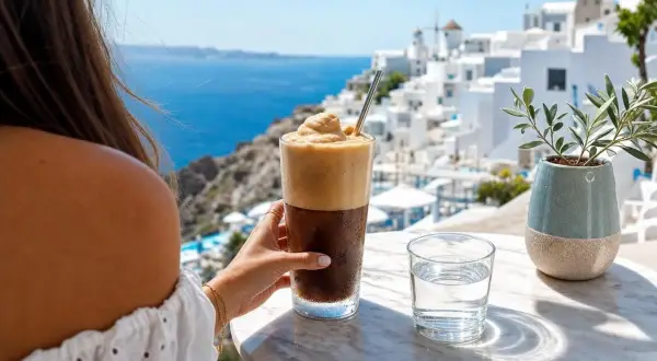 Una mano tiene un bicchiere di caffè greco freddo con schiuma abbondante, con vista su un villaggio bianco sul mare.