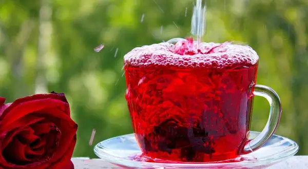 Tè rosso vibrante versato in una tazza, con una rosa rossa accanto. Scopri le proprietà e le controindicazioni dell'ibisco.