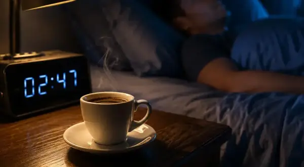 Un uomo a letto, sveglio, guarda una tazza di caffè fumante sul comodino. L'orologio digitale segna le 02:47. Sembra che il caffè non faccia dormire.