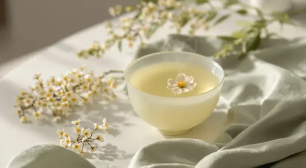 Tazza di tè con fiore di gelsomino galleggiante, circondata da rami fioriti. Le proprietà del gelsomino in un'infusione rilassante.