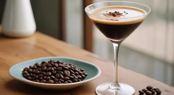 Un bicchiere di espresso martini, guarnito con chicchi di caffè, accanto a una ciotola di chicchi tostati. Perfetto per le ricette caffè speciali per bar.