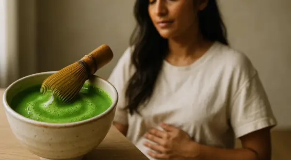 Donna con le mani sulla pancia, accanto a una ciotola di tè verde matcha, bevanda che aiuta a ridurre il grasso addominale.