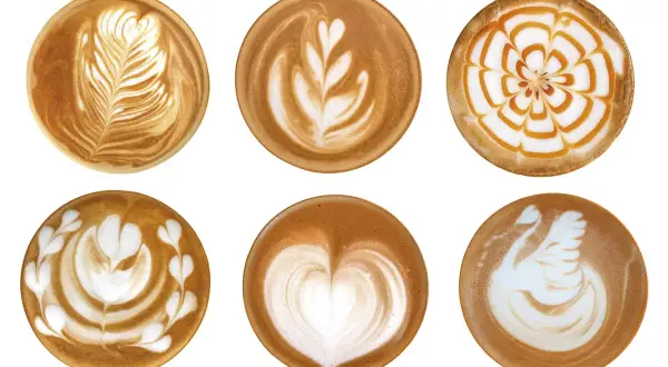 Sei tazze di caffè con latte art: un tulipano, un cuore, un cigno e altri disegni.