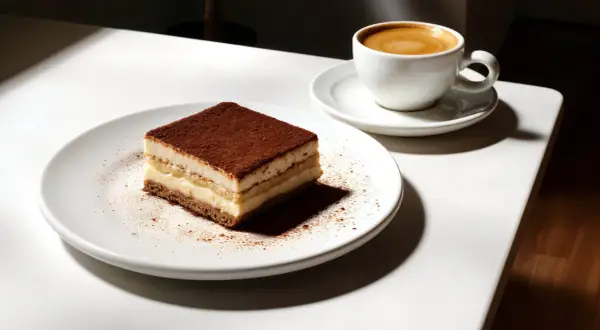 Una fetta di tiramisù al caffè, cosparsa di cacao, su un piatto bianco, accanto a una tazzina di caffè fumante.