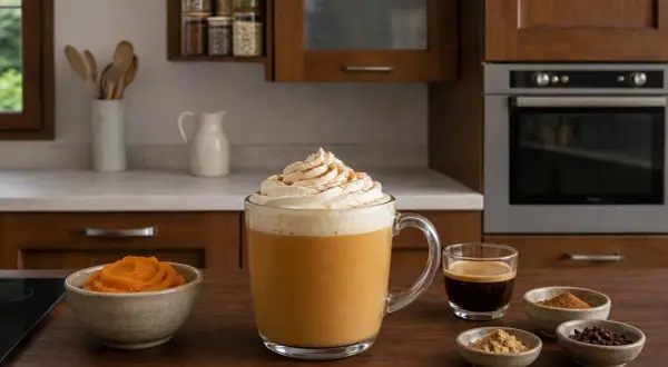 Un delizioso pumpkin spice latte Starbucks, con panna montata e cannella. Ingredienti per la ricetta in ciotoline: purea di zucca, caffè, cannella, zenzero e chiodi di garofano.