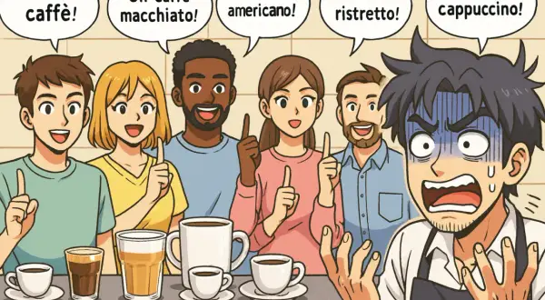 Al bar, un cliente ordina un caffè macchiato freddo, ma il barista è sopraffatto dalle richieste.