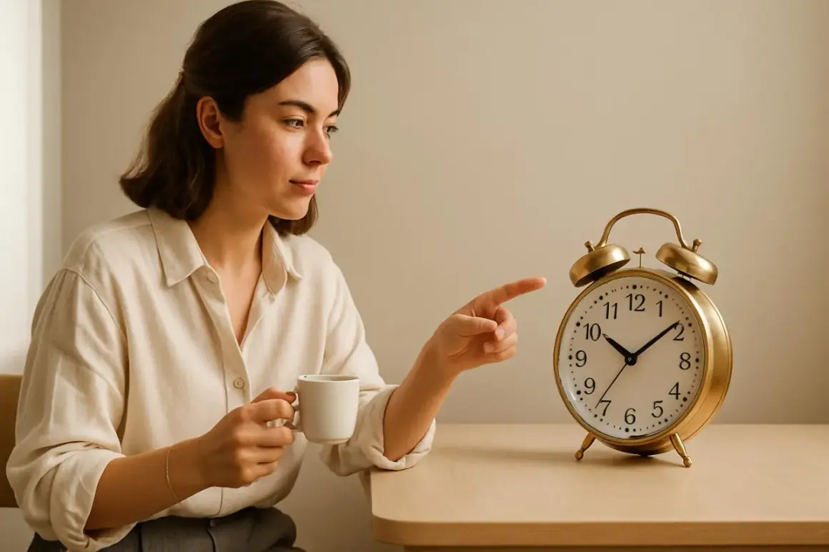 Donna con tazza di caffè indica una sveglia, pensando ai benefici del caffè per iniziare la giornata con energia.