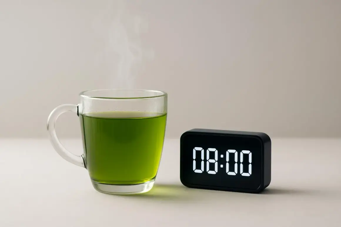 Un bicchiere di tè verde fumante, perfetto per iniziare la giornata alle 8:00.