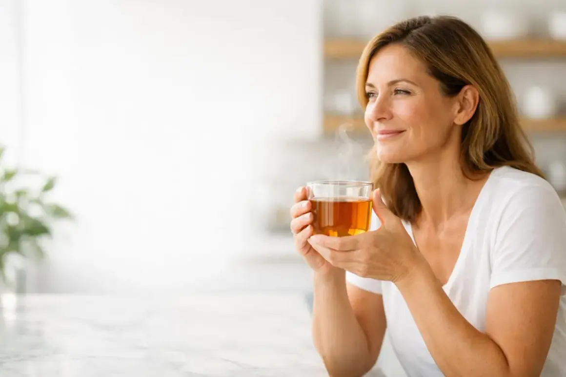 Donna sorride mentre beve una tazza di tè nero caldo, un alleato per chi vuole che il tè nero fa dimagrire.