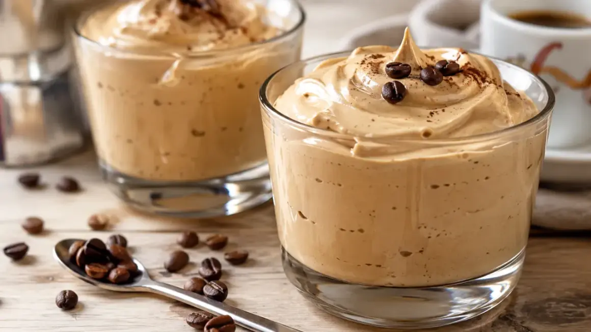 Deliziosa crema caffè in bottiglia, guarnita con chicchi di caffè e cacao. Perfetta per una pausa golosa.