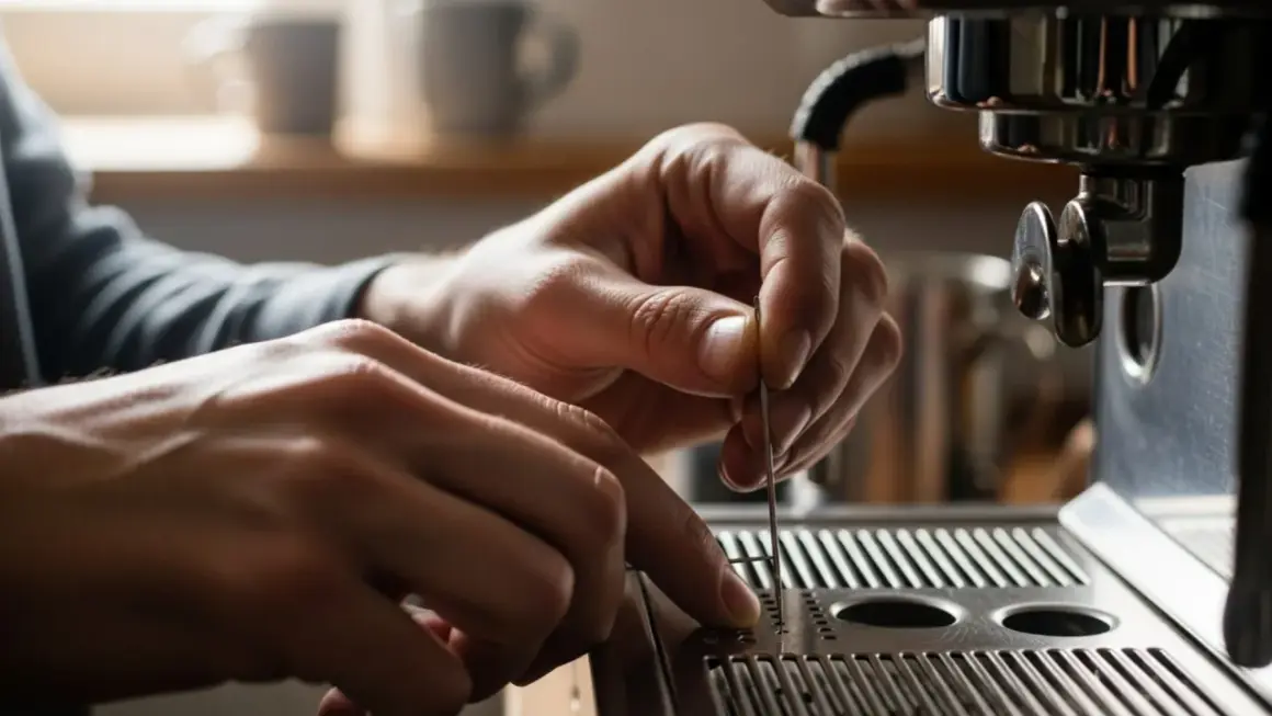 Mani che cercano di sbloccare la macchina del caffè con uno strumento sottile.