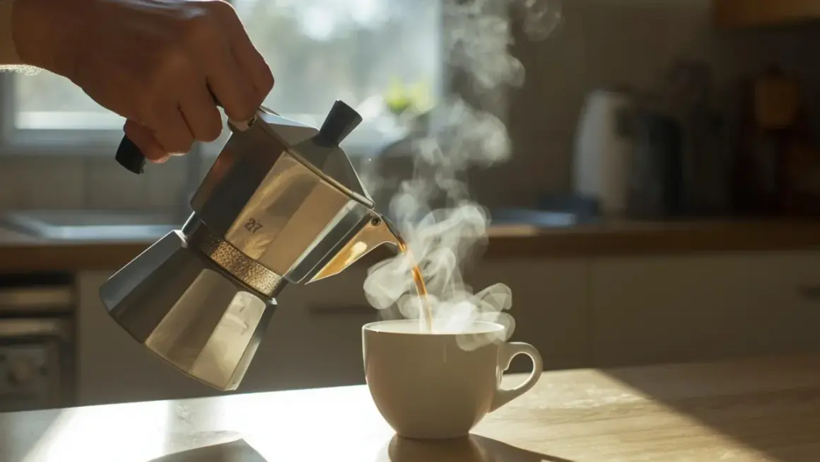 La moka versa caffè fumante in una tazza. Ecco come si prepara il caffè per iniziare la giornata.