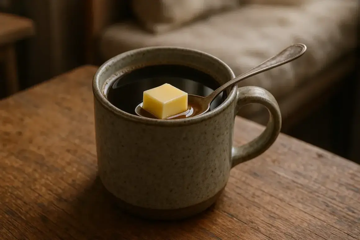 Un cubetto di burro galleggia su un cucchiaino immerso in una tazza di caffè caldo, su un tavolo di legno.