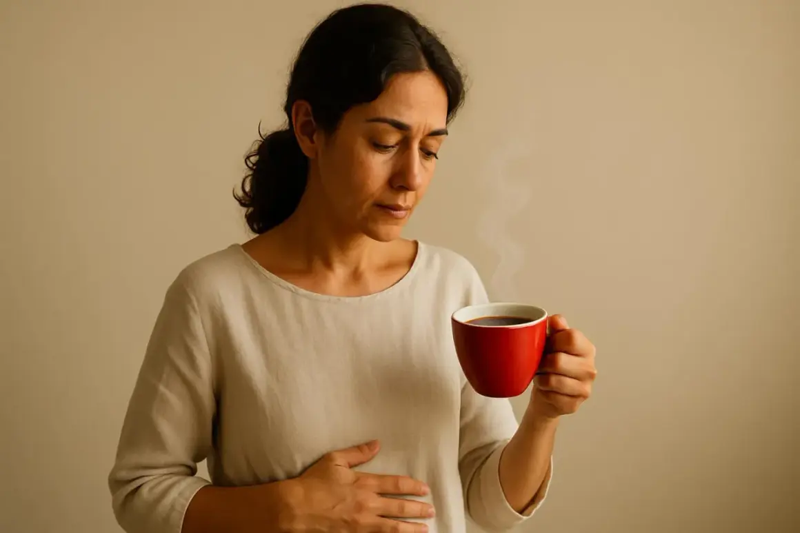 Donna con mano sullo stomaco tiene una tazza di caffè fumante. Il caffè a stomaco vuoto fa male, e lei sembra sentirlo.
