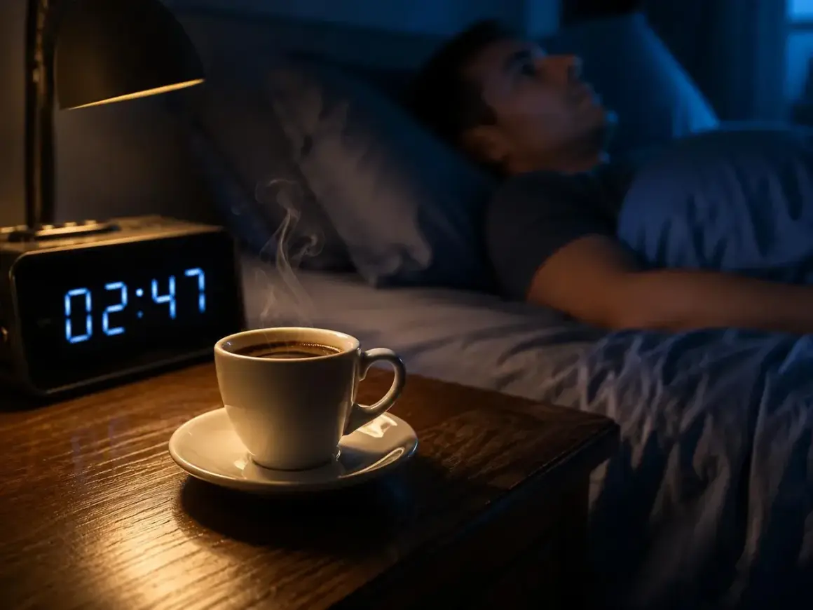 Un uomo a letto, sveglio, guarda una tazza di caffè fumante sul comodino. L'orologio digitale segna le 02:47. Sembra che il caffè non faccia dormire.