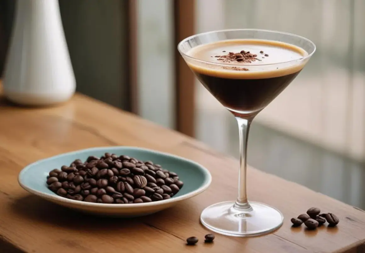 Un bicchiere di espresso martini, guarnito con chicchi di caffè, accanto a una ciotola di chicchi tostati. Perfetto per le ricette caffè speciali per bar.