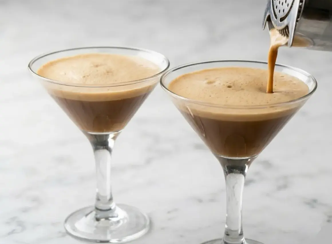 Due bicchieri di caffè shakerato cremoso, uno viene riempito da uno shaker.