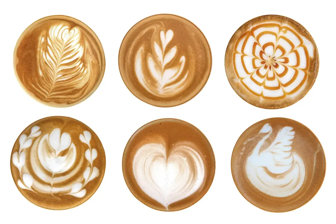 Sei tazze di caffè con latte art: un tulipano, un cuore, un cigno e altri disegni.